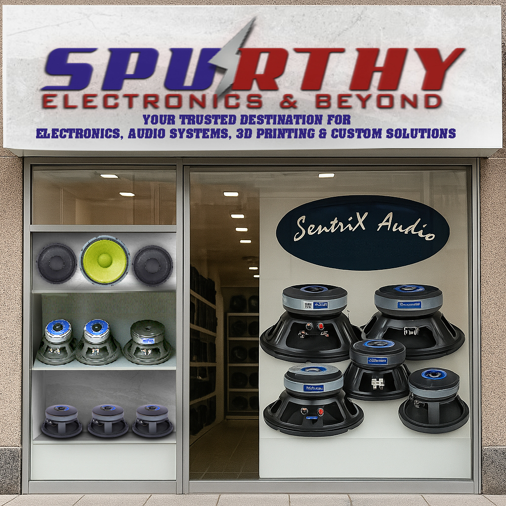Spurthy Electronics store front displaying SentriX Audio speaker systems and custom solutions in India